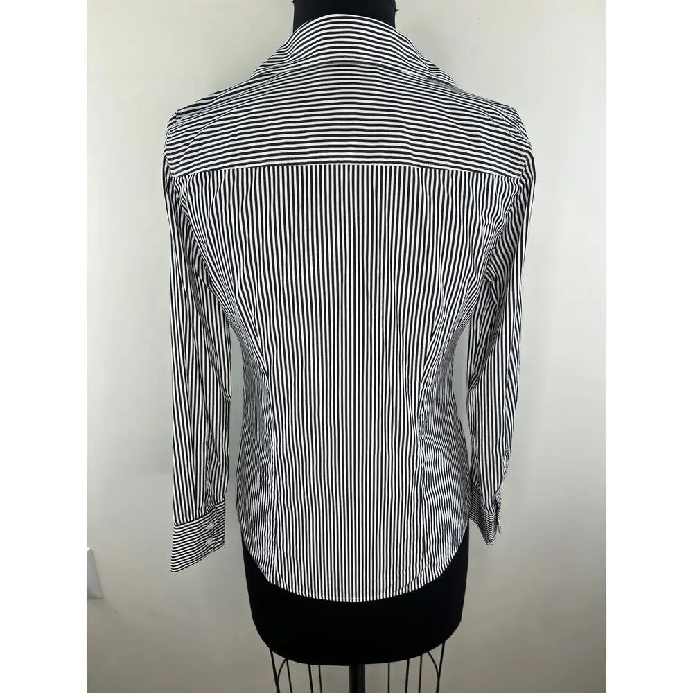 J Crew Stretch Perfect Top White Black Stripe Button Up Long Sleeve Shirt PS